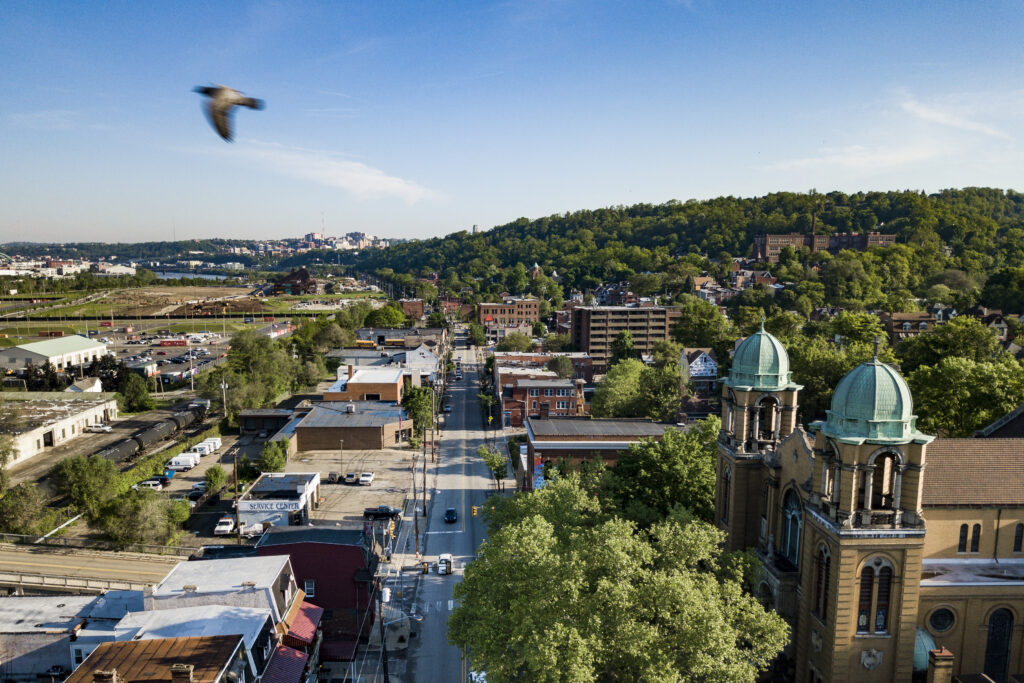 Drone aerial of the Hazelwood neighborhood of Pittsburgh, Pennsylvania. (By Pete Marovich)