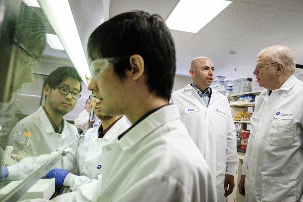 Dr. Carl Merril, founder, chief scientific officer & board member at Adaptive Phage Therapeutics, Inc. (APT) (right) in the lab with technicians in Gaithersburg, MD.
Photographed for STAT News by Pete Marovich