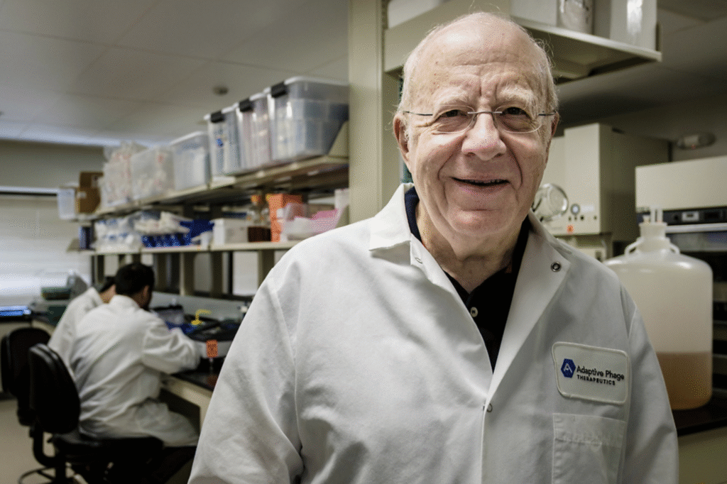 Dr. Carl Merril, founder, chief scientific officer & board member at Adaptive Phage Therapeutics, Inc. (APT) in the lab in Gaithersburg, Maryland
Photographed for STAT News by Pete Marovich
